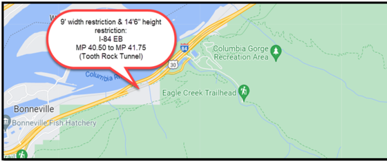 9' Width Restriction & 14'6" Height Restriction on I-84 EB MP 40.50 to MP 41.75 in Cascade Locks