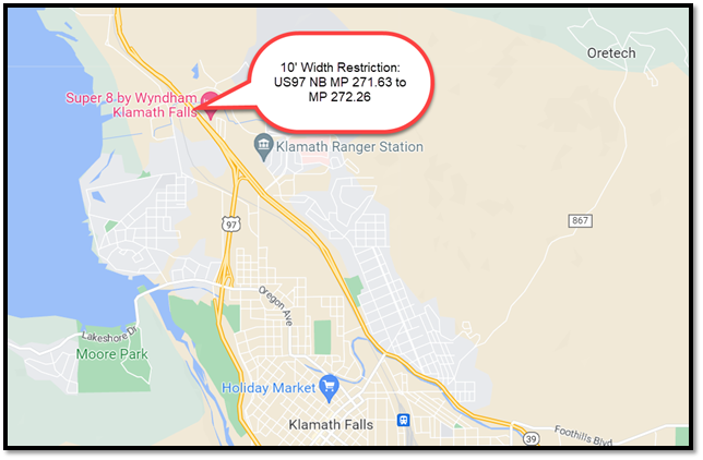 10' width restriction_US97 NB_MP 271.63 to MP 272.26_Klamath Falls