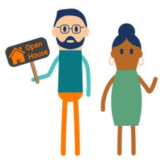 graphic showing two people, one holding an open house sign the other waving