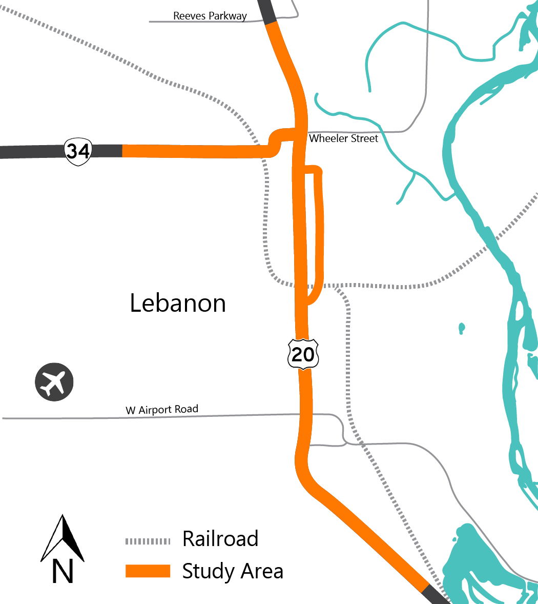 Study area map highlighting U.S. 20 and OR 34 in Lebanon
