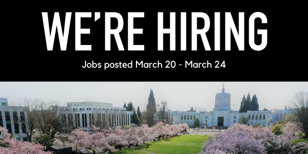 Photo of Oregon State Capitol with cherry blossom trees.