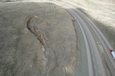 aerial view of I-84 landslide near milepost 359, looking north