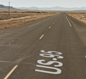 Looking south on U.S. 95 at the intersection of Oregon Canyon Road and Jackson Creek Road, milepost 106.18.