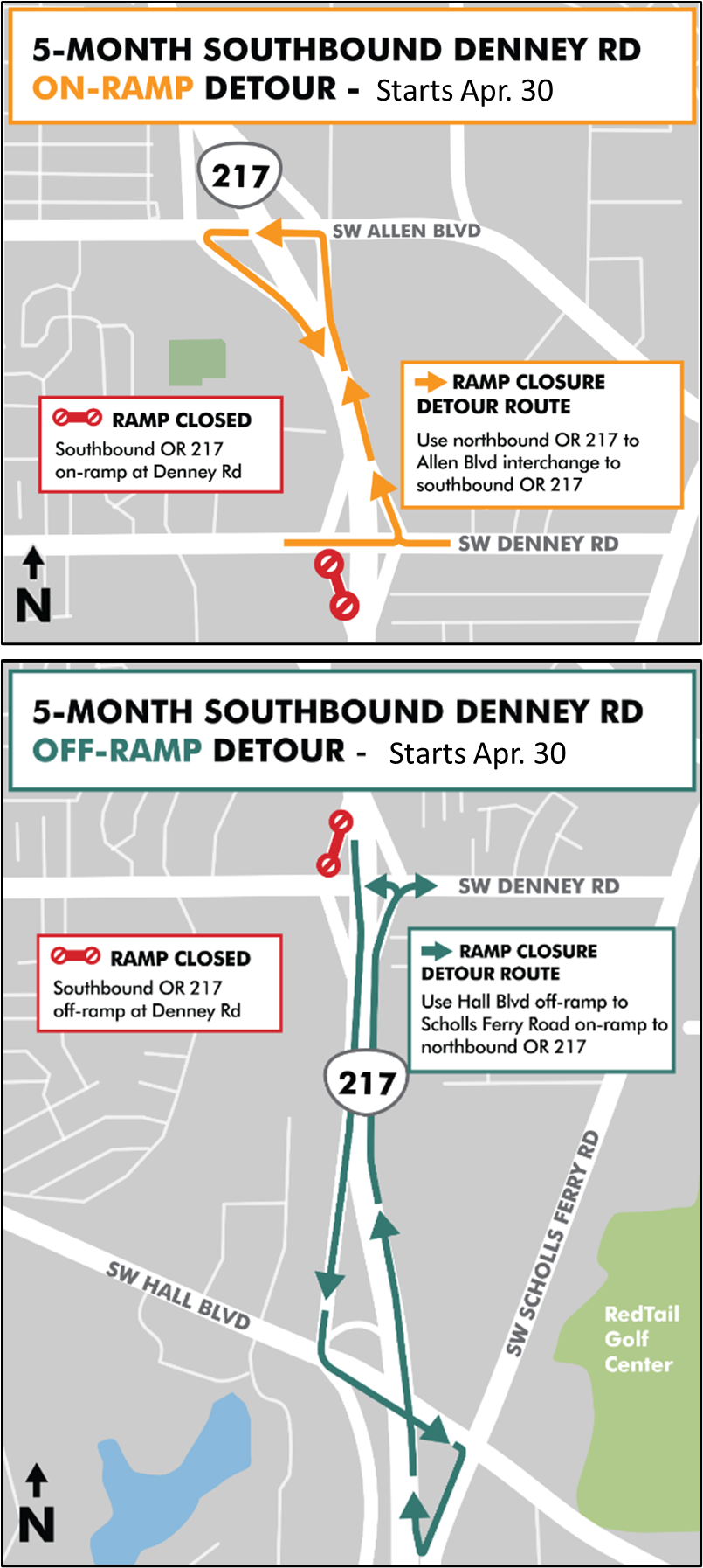 Detour routes for the southbound Denney ramp closures on OR 217