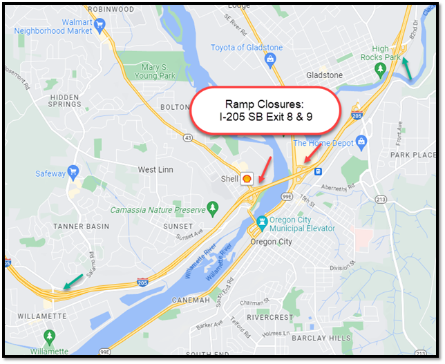 I-205 SB Exit 8 and 9 off-ramps