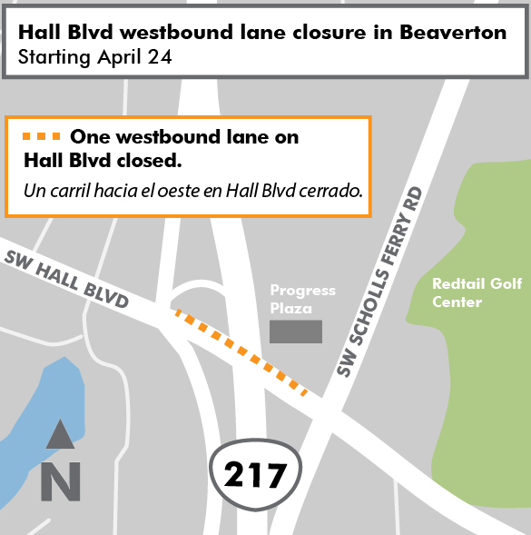 Map of Hall Blvd westbound lane closure in Beaverton starting April 24