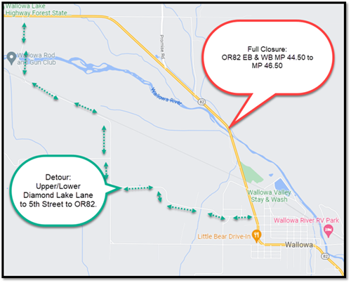 Map of detour for OR 82 Bear Creek (Wallowa River) Bridge, May 2023.