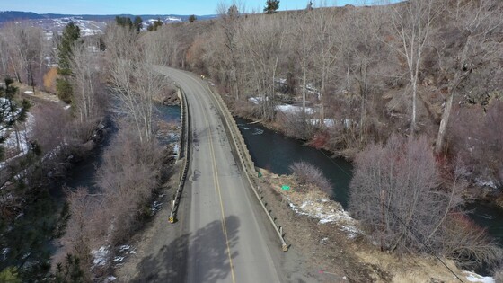 Aerial view of Bear Creek (Wallowa River) Bridge before construction.