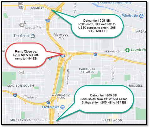 I-205 NB & SB Exit 22 off-ramp to I-84 EB