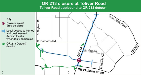 Toliver Road eastbound closed at OR 213. Business access open. Detour using Barnards Road or 211. 