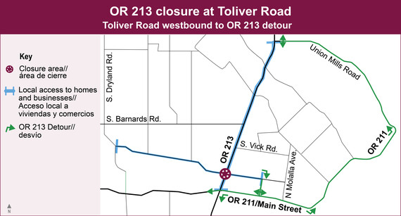 Toliver Road westbound closed at OR 213. Business access open. Use Leroy Avenue to OR 211, or take OR 211 to OR 213 south. 