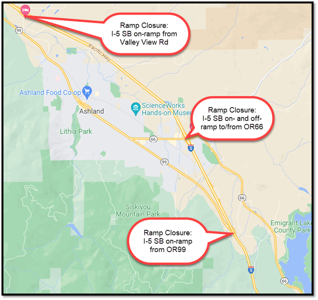 I-5 SB Ramp Closures in the Ashland area