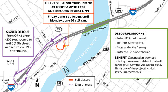 Detour map for OR43 to I-205 ramp closure