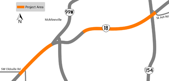 Project area map showing OR 18 from Oldsville to Ash Road