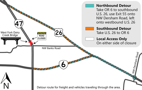 Detour map showing routes for northbound and southbound traffic.