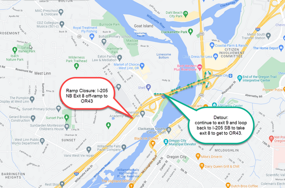 I-205 NB Exit 8 off-ramp to OR43