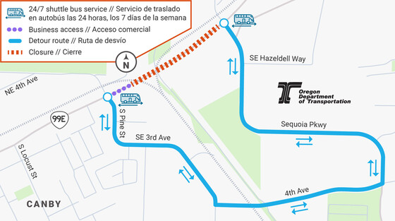 OR 99E closed at railroad tracks near Pine. Cars detour using Pine or Sequoia. Shuttle pick at SE corners of Pine and Sequoia. 