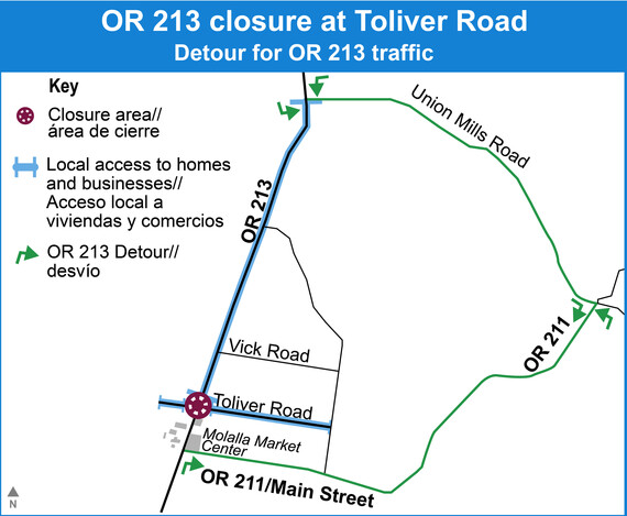 Detour using OR 211 and Union Mills Road