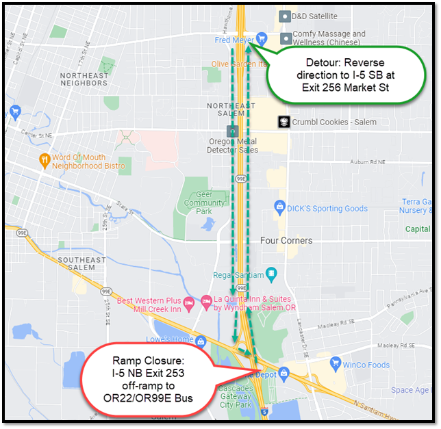 I-5 NB Exit 253 off-ramp to OR22/OR99E Business