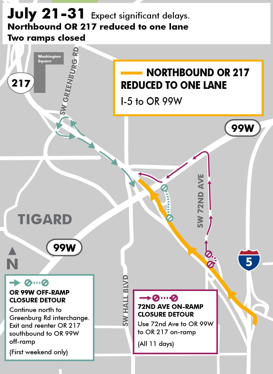 Map of OR 217 lane and ramp closures and detour routes.