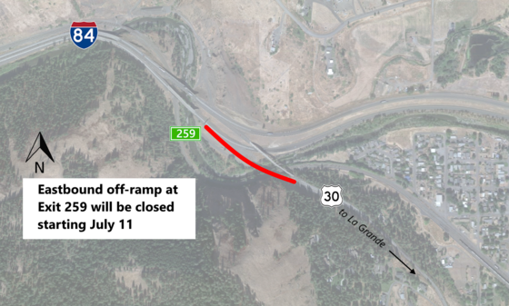 Map of closure for Exit 259 eastbound off-ramp in La Grande.
