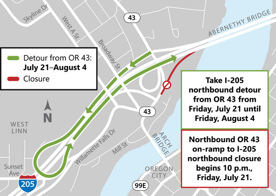 I-205 NB OR 43 On-Ramp to NB I-205 Detour