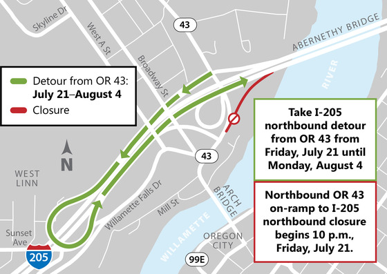 West Linn I-205 on-ramp detour closure 7.21.23