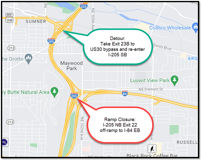 I-205 NB Exit 22 off-ramp to I-84 EB off-ramp closure