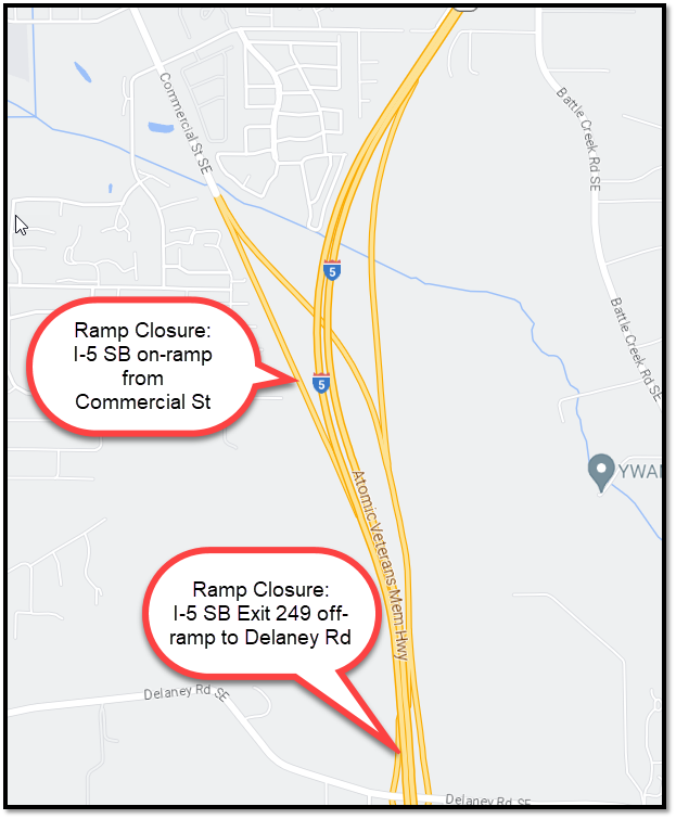 I-5 SB on-ramp from Commercial St and I-5 SB Exit 249 off-ramp (Salem)