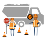 graphic image of construction workers holding STOP/SLOW signs indicating road work ahead.