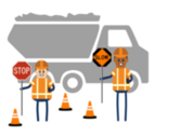 graphic image of construction workers holding STOP/SLOW signs indicating road work ahead.