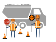 graphic image of construction workers holding STOP/SLOW signs indicating road work ahead.
