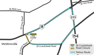 detour map showing SE Cruickshank Road closure