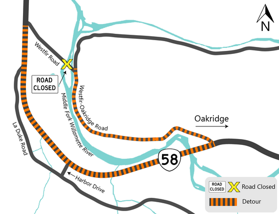 Westfir Road, Old Barnard Bridge, closure detour map