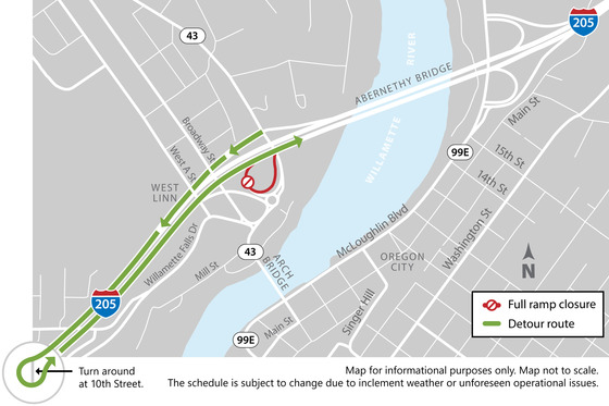 SB OR 43 loop on-ramp to NB I-205 detour map