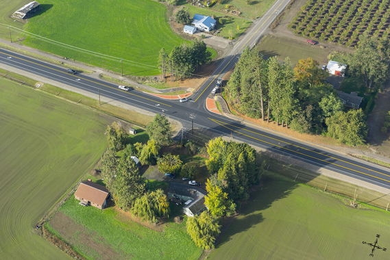 Aerial photo of the OR 99W and Orrs Corner Road intersection showing the new left turn lane