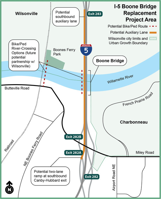 Map of the I-5 Boone Bridge Replacement Project Area.