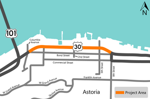 project area map highlighting U.S. 30 from Columbia Avenue to 8th Street