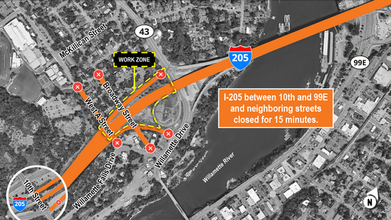 Aerial map with graphic for construction impacts and traffic slow downs