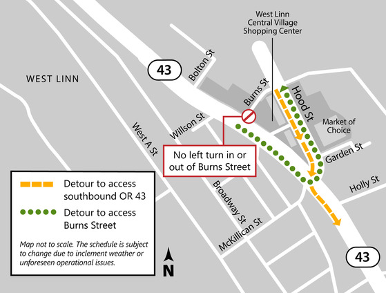 Southbound OR 43 Utility Work Detour Map