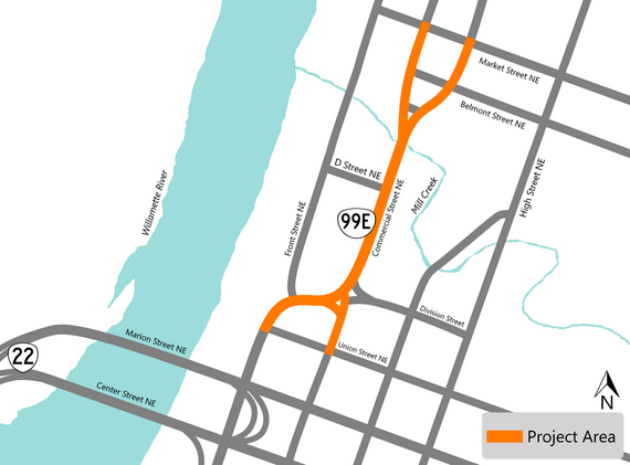 project area map highlighting OR 99E from Market Street NE to Union Street NE