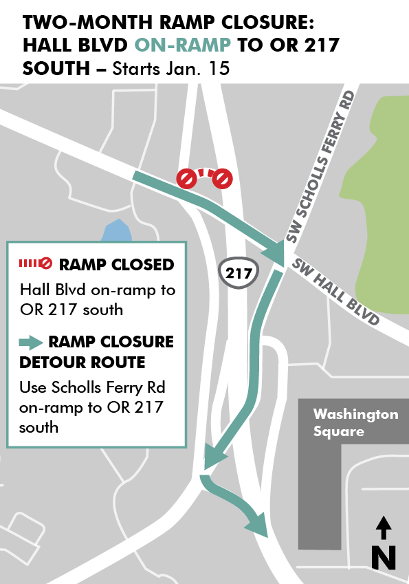Detour map for the Hall Boulevard on-ramp closure to OR 217 south