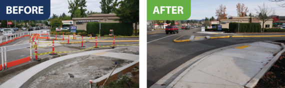 Before and after installation of sidewalk, ADA-compliant curb ramp and ADA-compliant median refuge island at the Tigard Marketplace