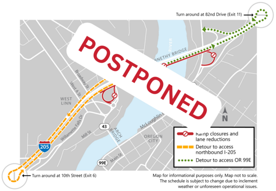 Postponed - Abernethy Bridge I-205 SB Ramp and Lane Closures with Detours