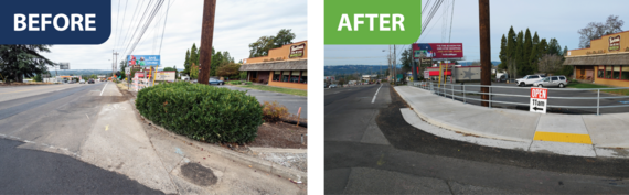 Before and after installation of sidewalk and ADA compliant curb ramp at the intersection of OR 99W and SW 65th Avenue. 