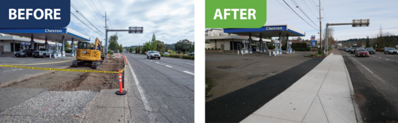 Before and after installation of sidewalk and ADA compliant driveway near the OR 99W off-ramp to OR 217 northbound.