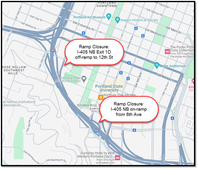 I-405 NB on-ramp from 6th Ave and I-405 NB Exit 1D off-ramp to 12th St