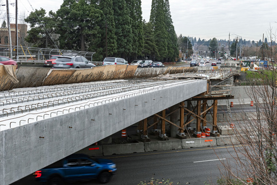 Completed railings at Allen Boulevard and expansion of the Hall Boulevard overpass in Beaverton underway.