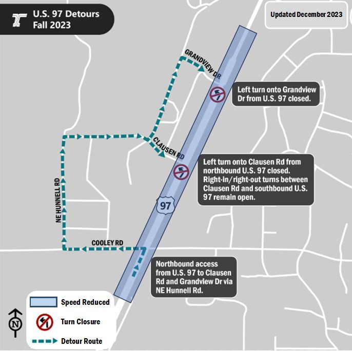 Map showing the left turn closures, detours and the area with a lowered speed limit.