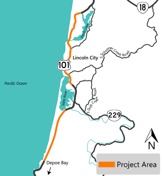 project area map highlighting U.S. 101 in Lincoln City